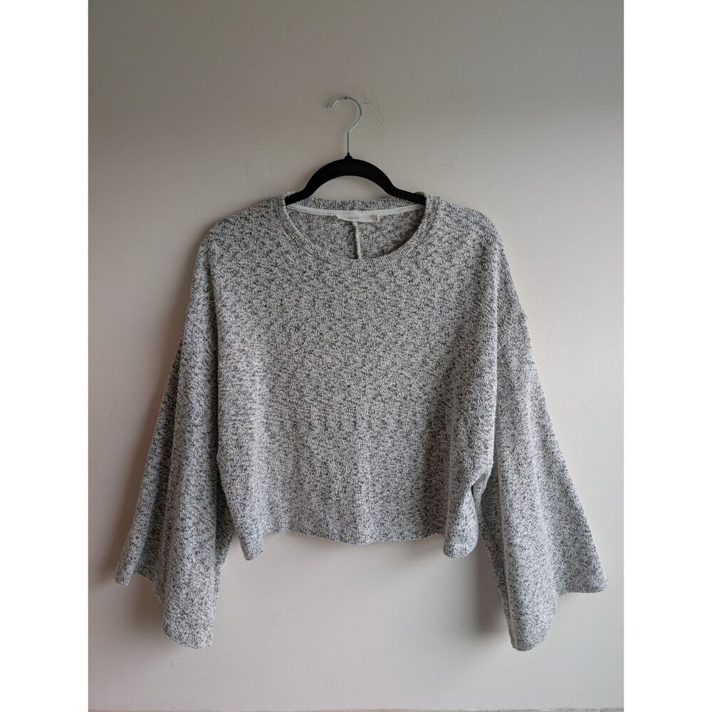 Lush Womens M Cropped Sweater Gray Marled Knit Wide Bell Sleeve Cotton